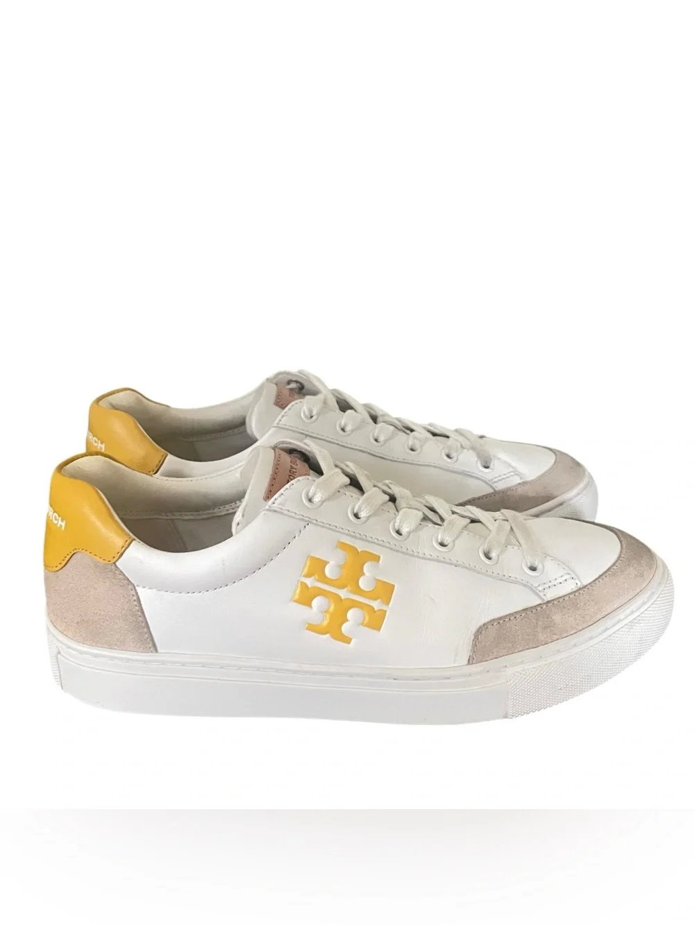 Tory Burch White Leather Sneakers with Yellow Logo